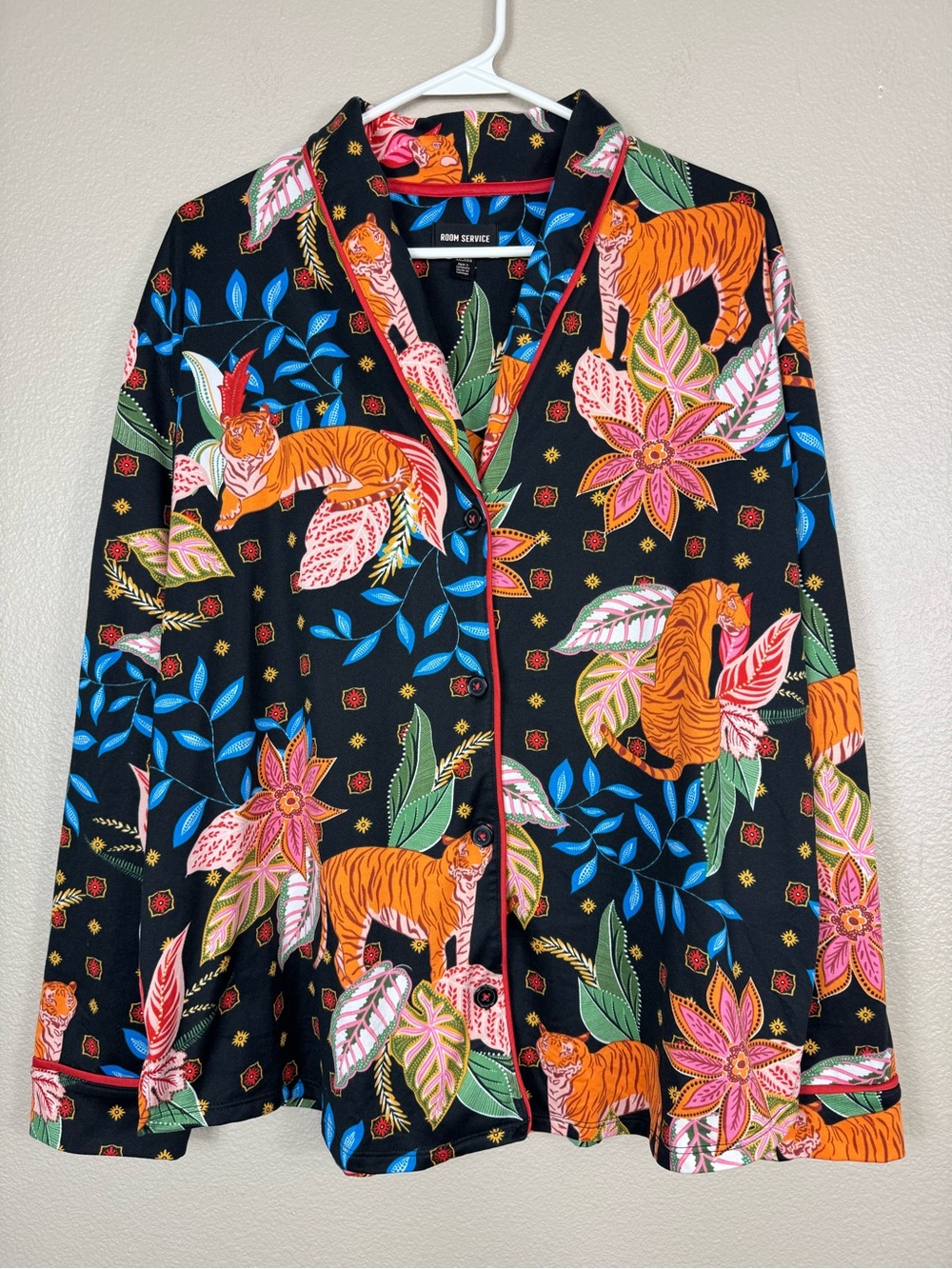 Room Service Tiger Novelty Print Pajama Set Black Floral Button Up‎ Lounge XXL C - Picture 5 of 10